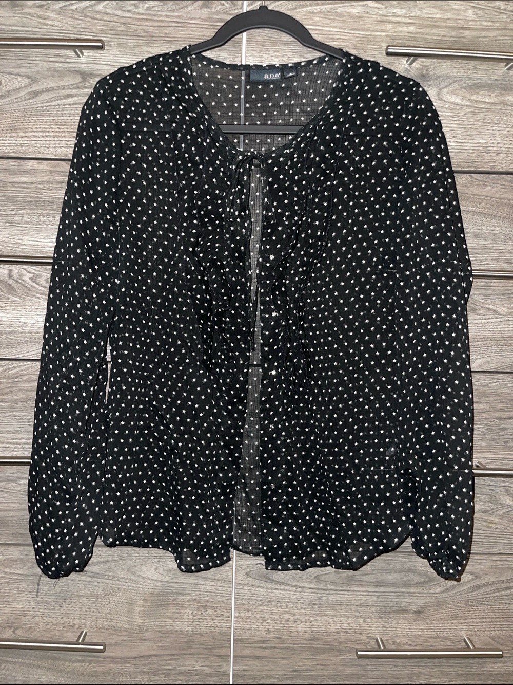 A New Approach Black Polka Dot Ruffle Tie-Neck Snap Front Blouse
